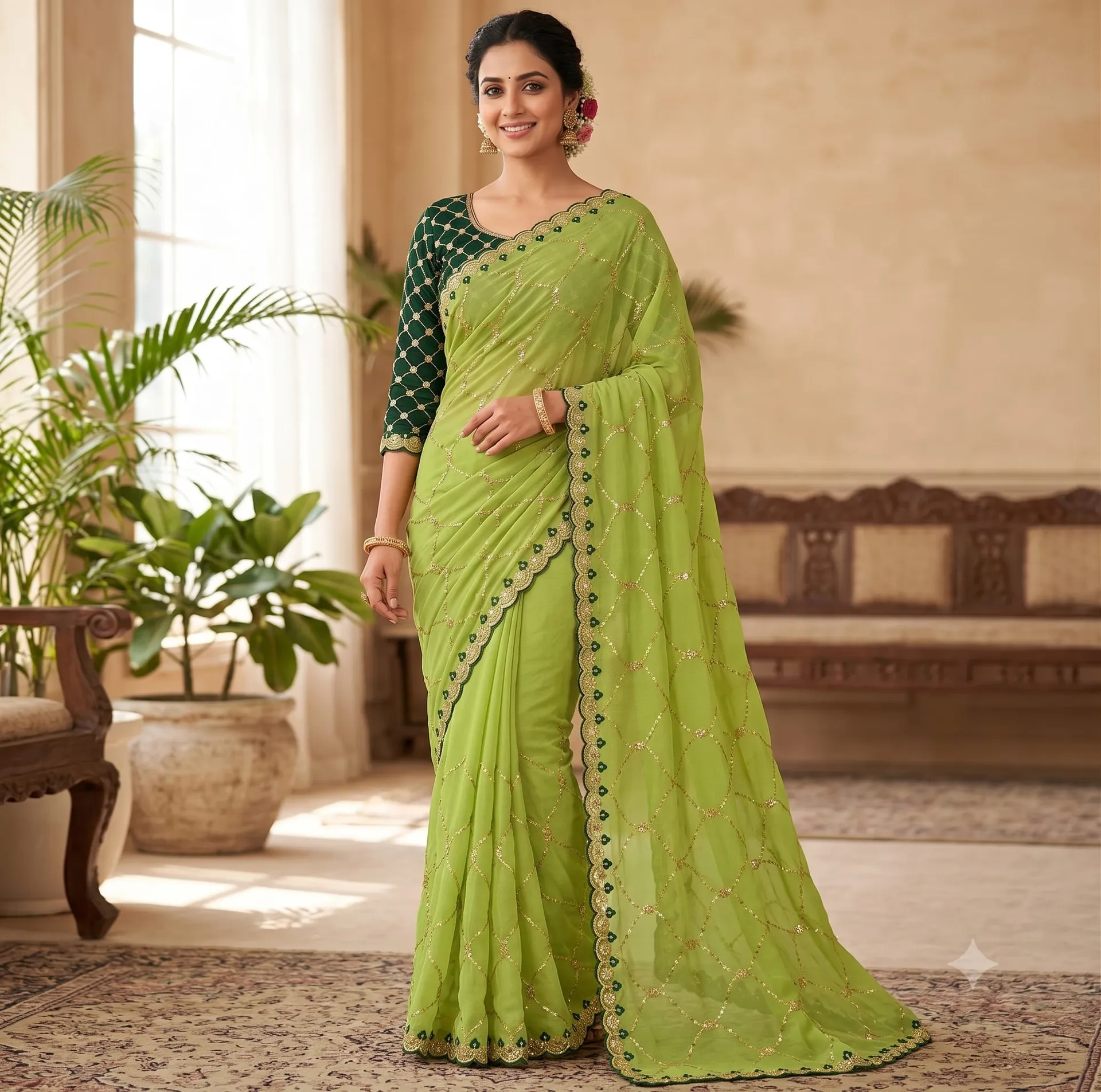 Star Georgette Saree with all-over Multi Sequence Work - Premium-quality Star Georgette fabric Saree Online India - Buy at ₹1250 - Image 1