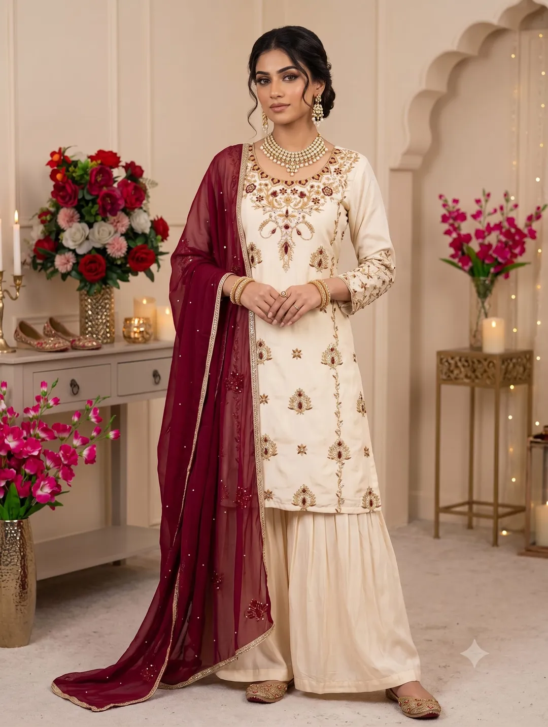 Premium Natural Crepe Top, Sharara & Dupatta Set