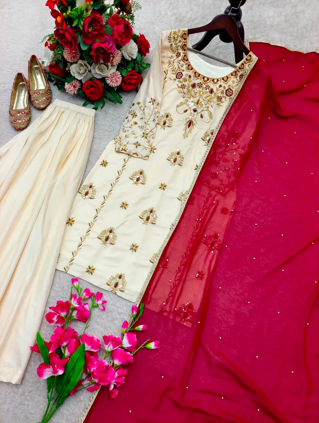 Premium Natural Crepe Top, Sharara & Dupatta Set - View 2