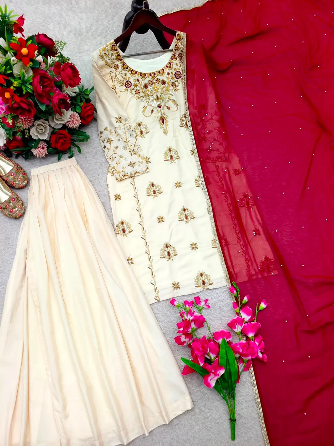 Premium Natural Crepe Top, Sharara & Dupatta Set - View 3