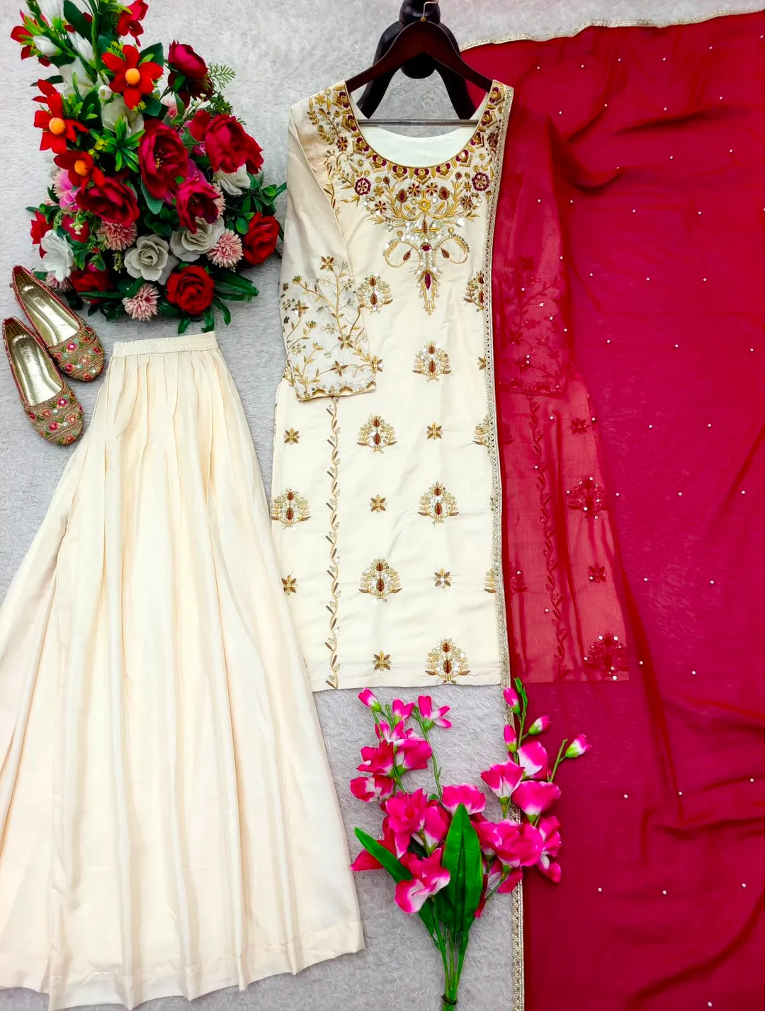 Premium Natural Crepe Top, Sharara & Dupatta Set - View 4