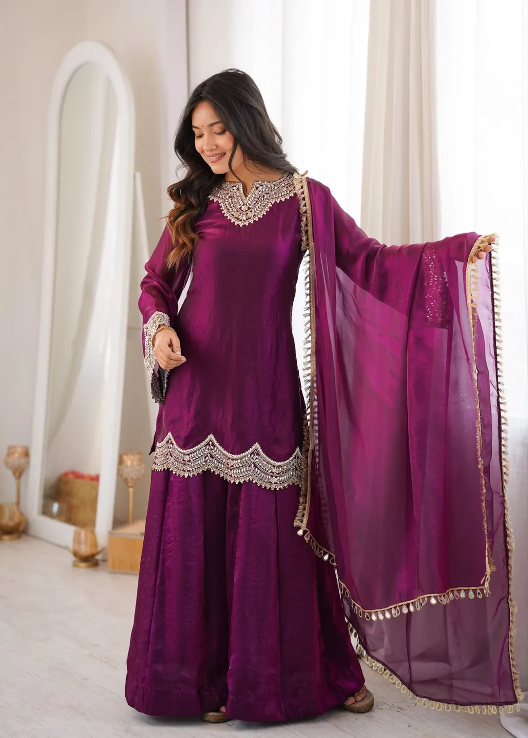 Premium Fendy Silk Embroidered Sharara Suit Set - View 4