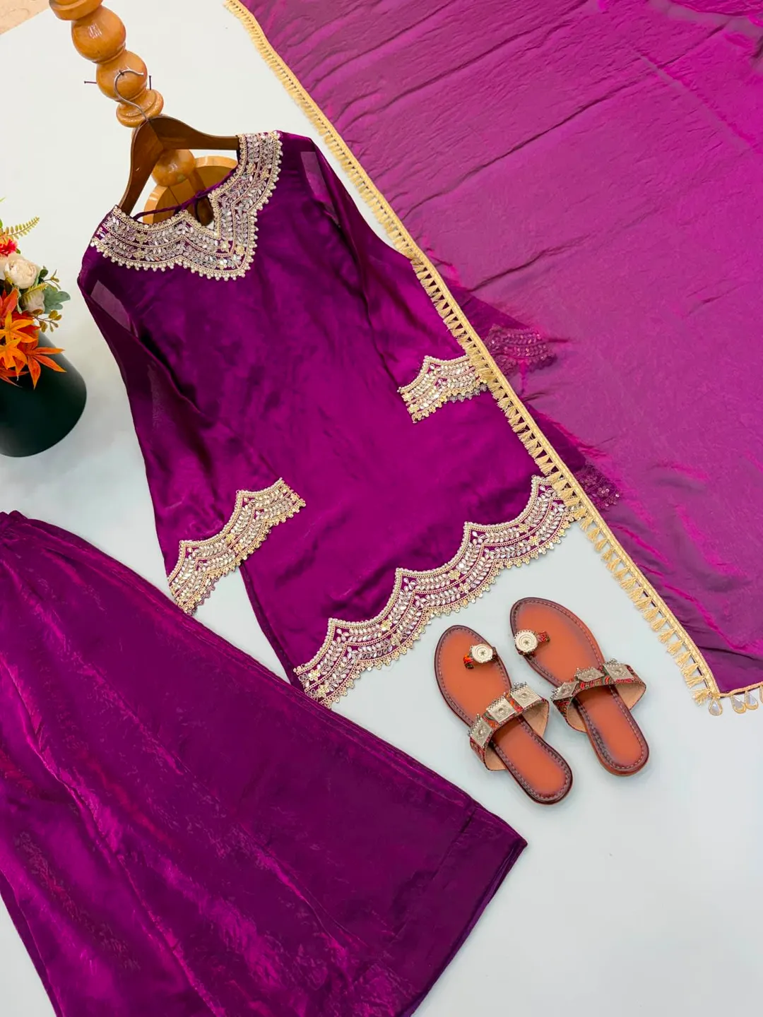 Premium Fendy Silk Embroidered Sharara Suit Set - View 8