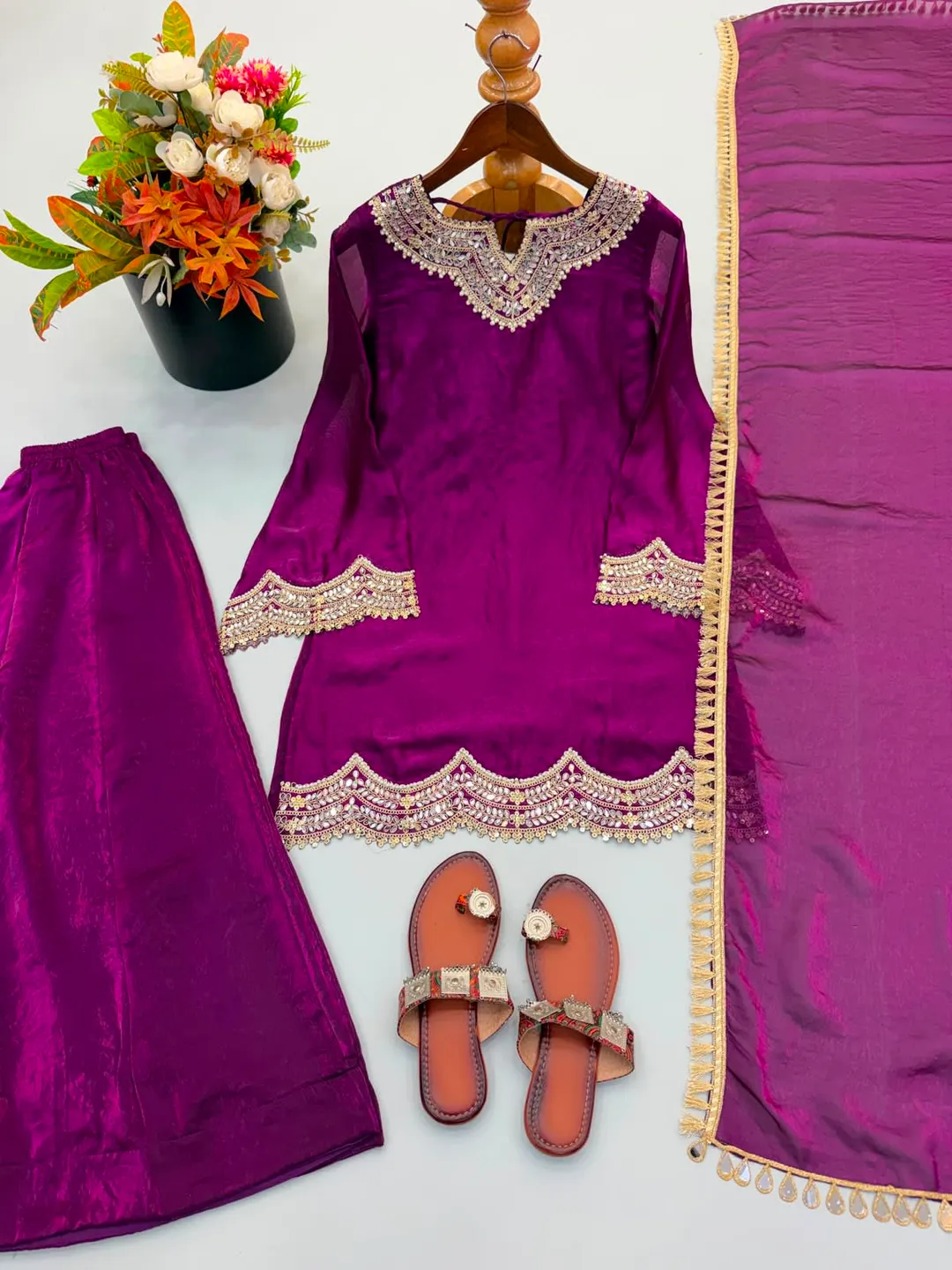 Premium Fendy Silk Embroidered Sharara Suit Set - View 9