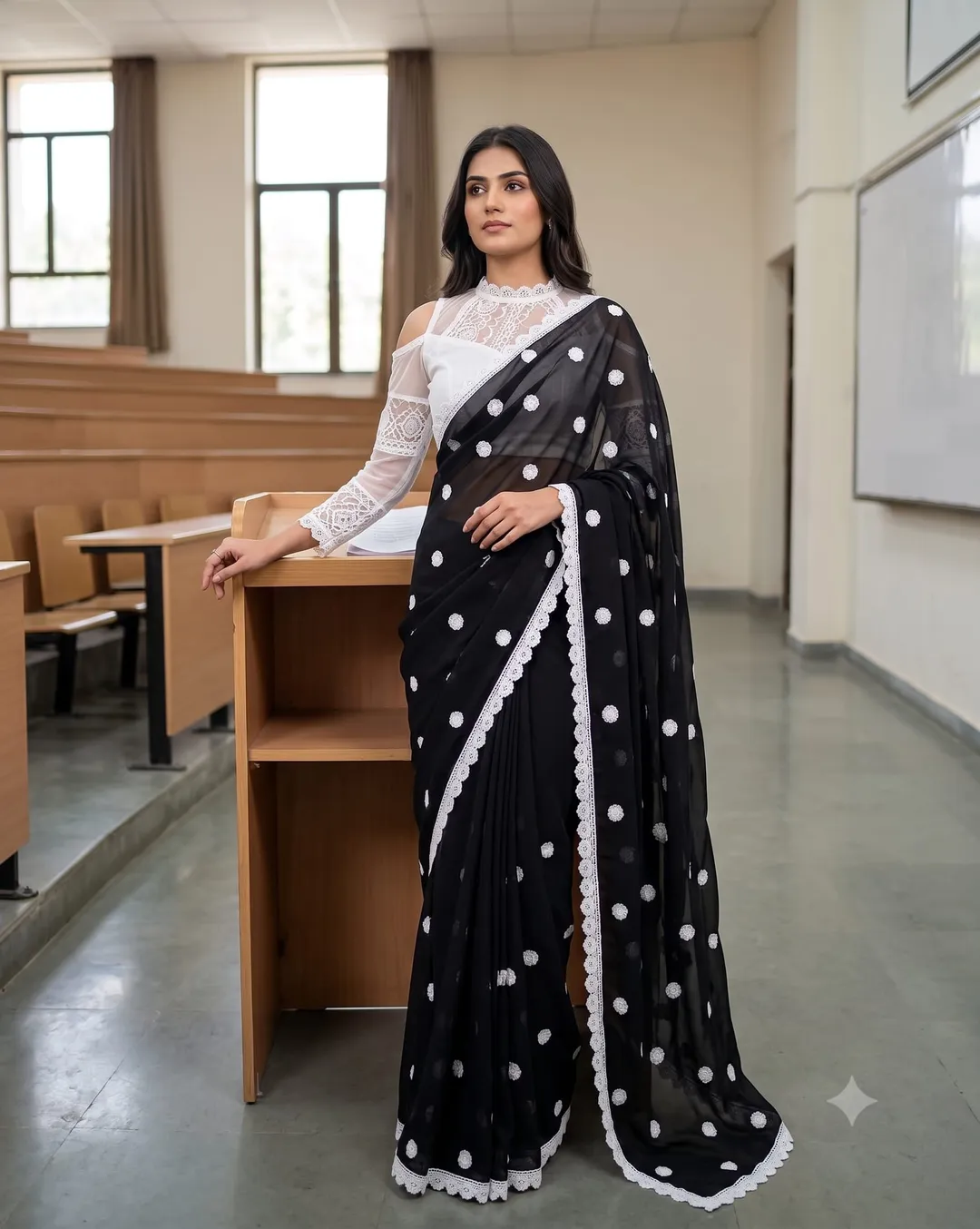 Soft Georgette Saree with White Thread Embroidery Work