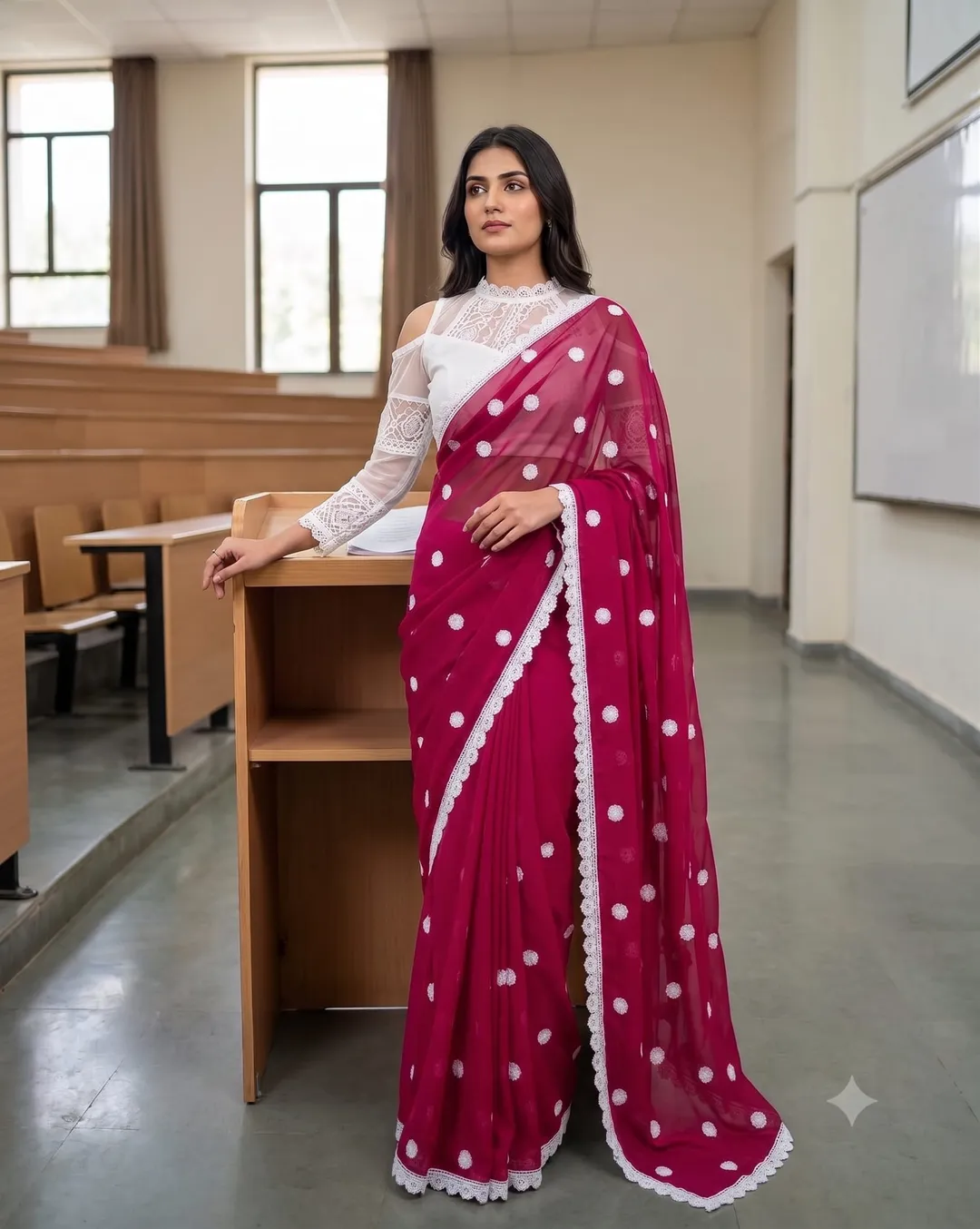Soft Georgette Saree with White Thread Embroidery Work