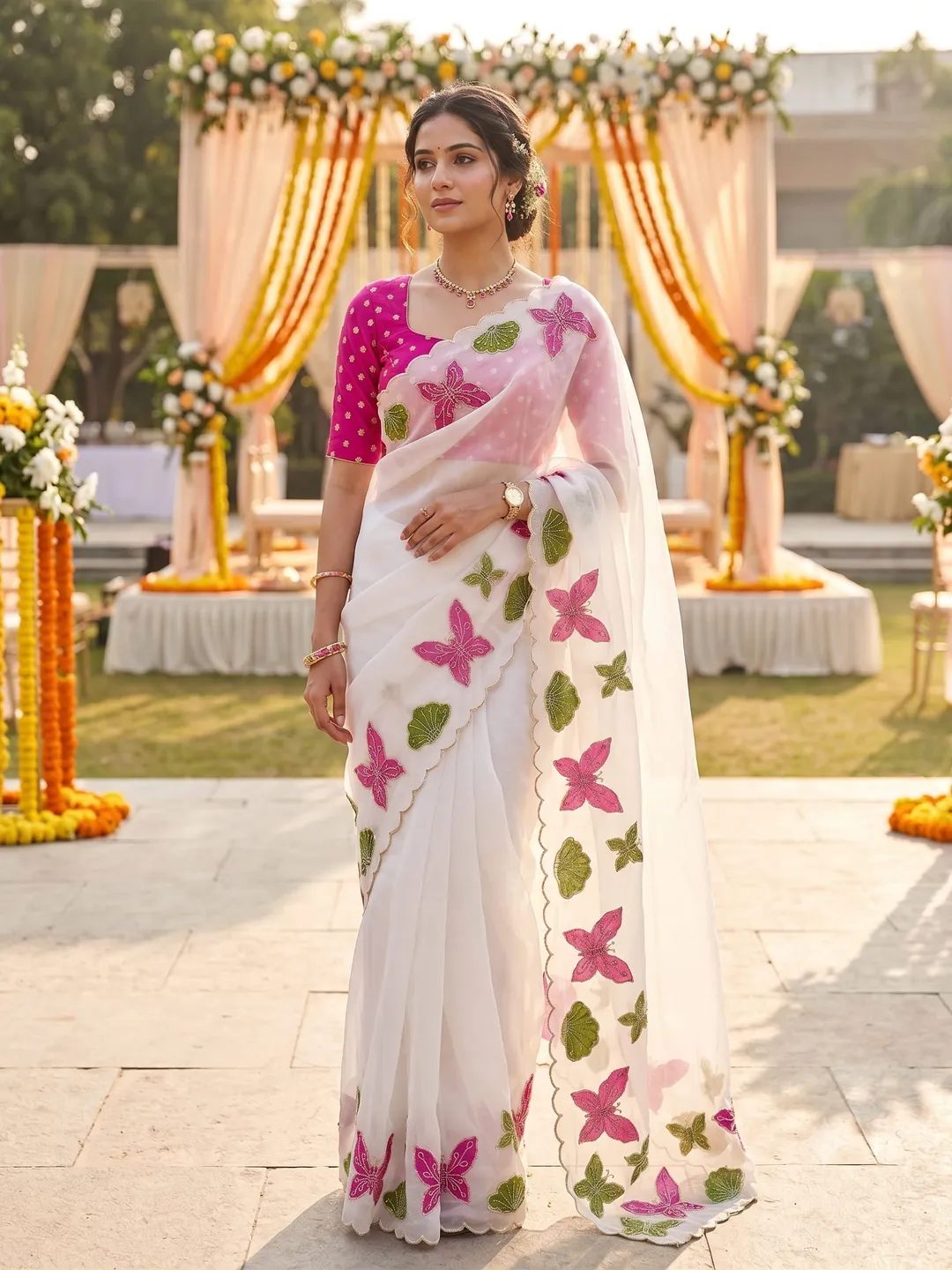 Premium Crunchy Chiffon Saree with Multi Embroidery & Brush Print