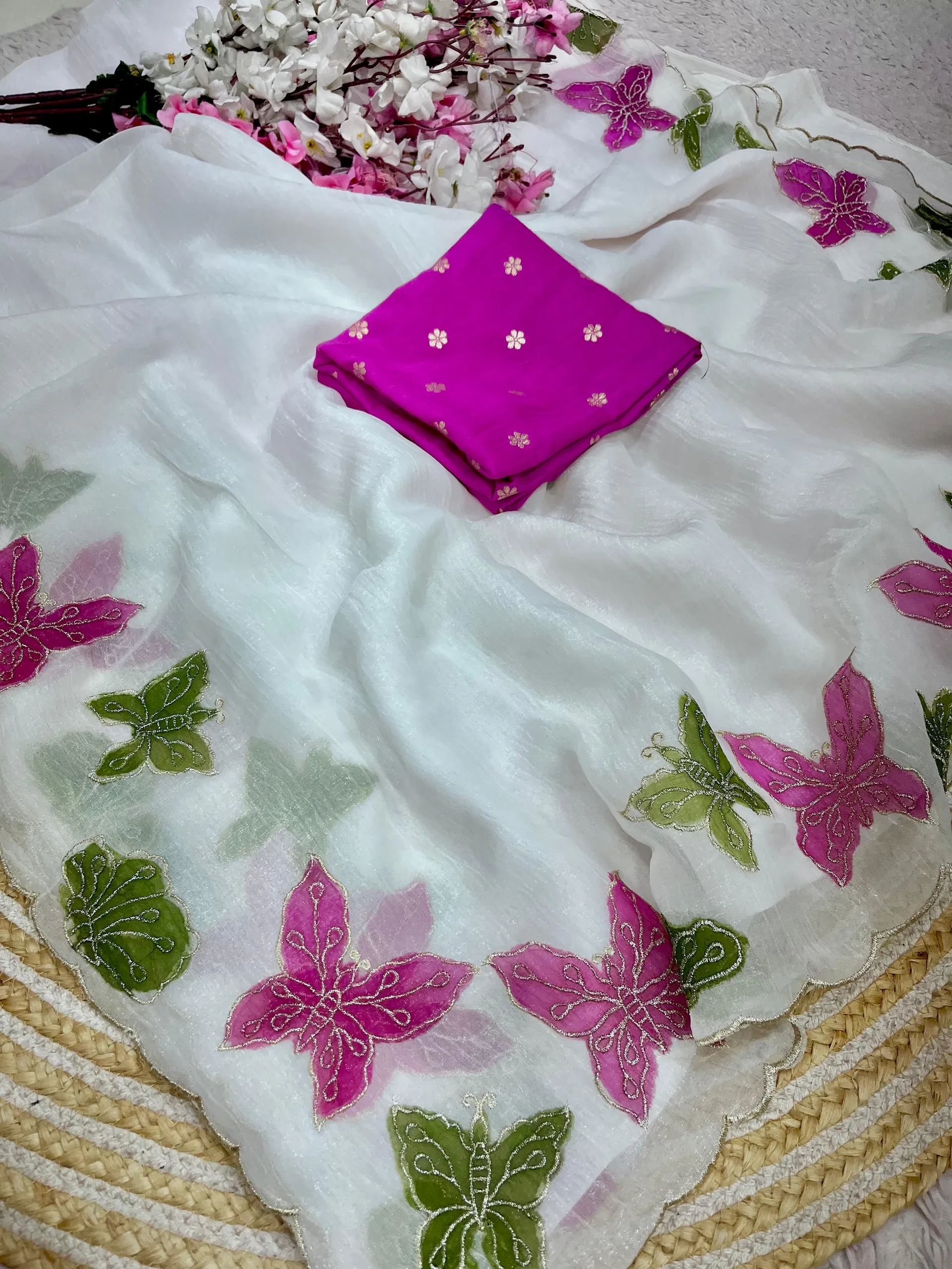 Premium Crunchy Chiffon Saree with Multi Embroidery & Brush Print - View 2