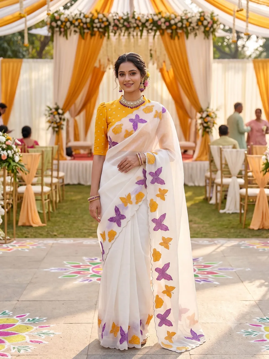Premium Crunchy Chiffon Saree with Multi Embroidery & Brush Print