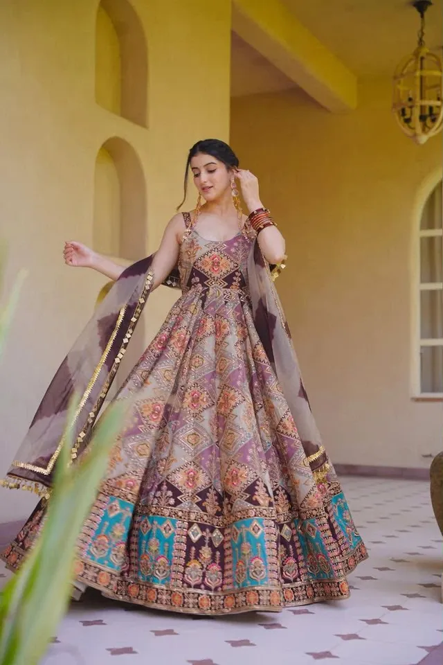 Elegant Digital Printed Jimmy Organza Silk Anarkali Gown Set