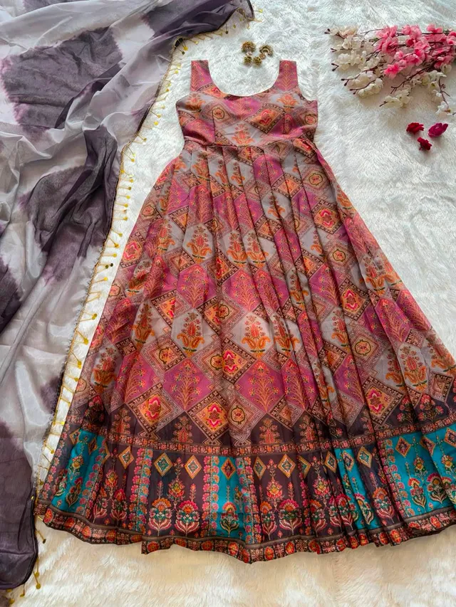 Elegant Digital Printed Jimmy Organza Silk Anarkali Gown Set - View 5