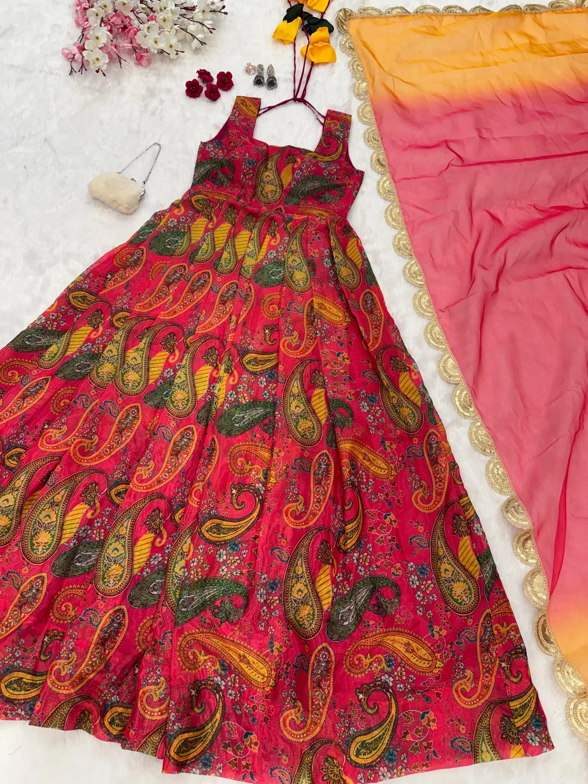 legant Digital Printed Organza Anarkali Gown Set - View 7