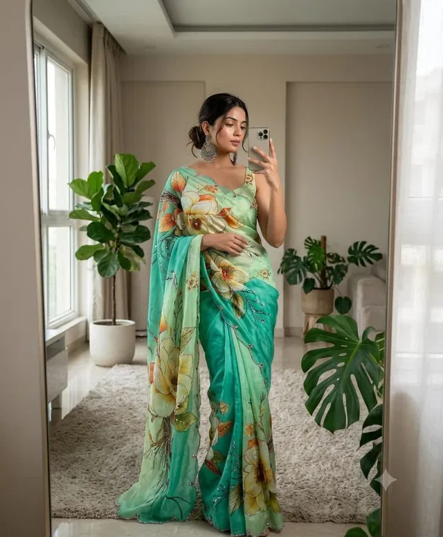 Premium Soft Chinon Silk Handwork Saree - Premium Soft Chinon Silk Saree Online India - Buy at ₹1799 - Image 1