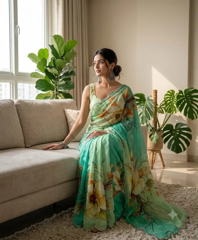 Premium Soft Chinon Silk Handwork Saree - View 2