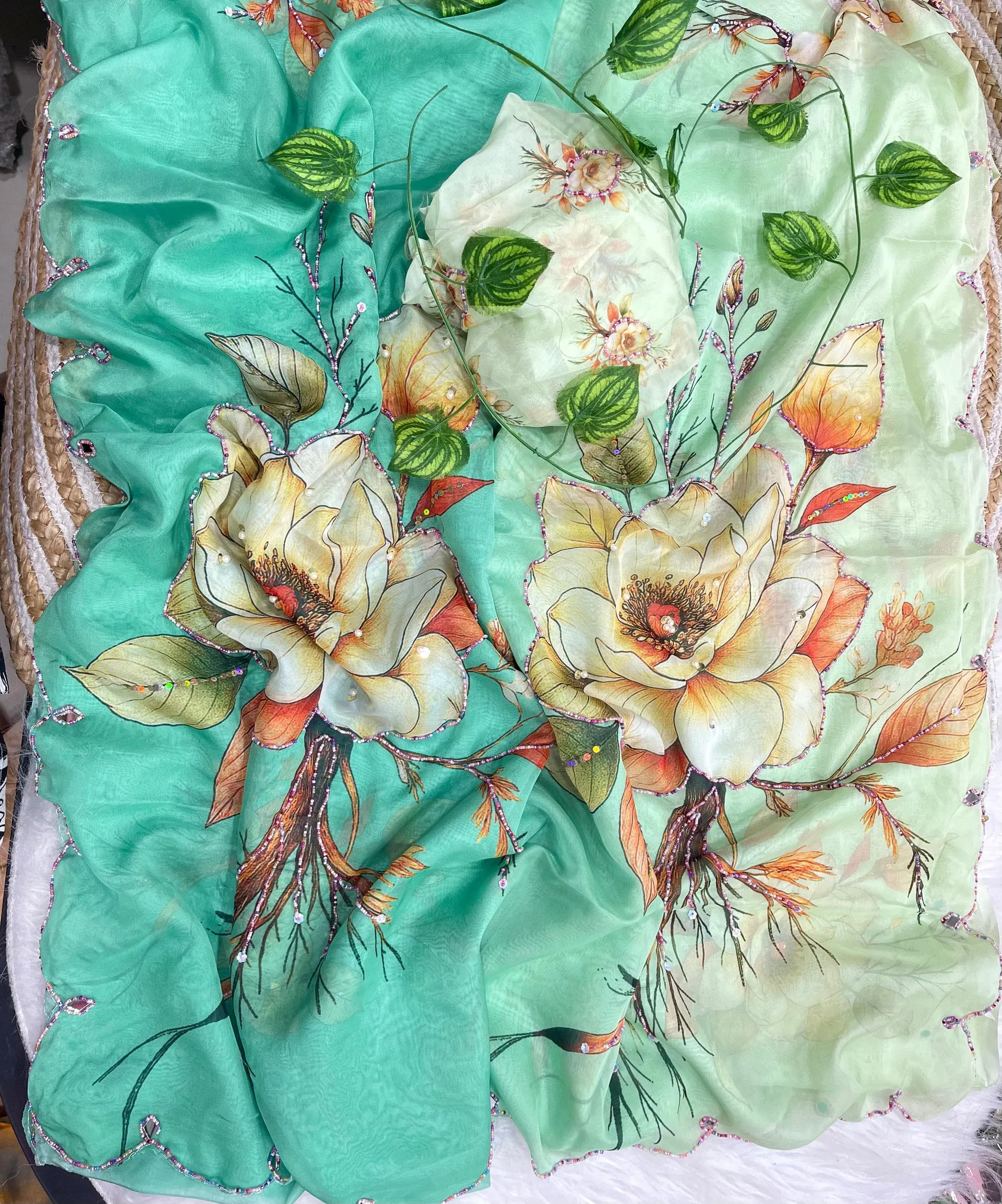Premium Soft Chinon Silk Handwork Saree - View 3