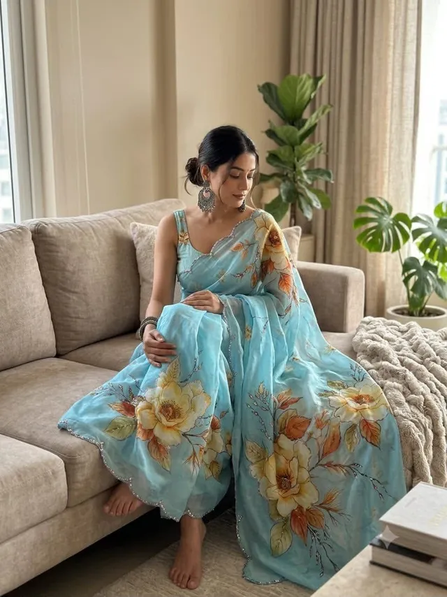 Premium Soft Chinon Silk Handwork Saree - Premium Soft Chinon Silk Saree Online India - Buy at ₹1799 - Image 1