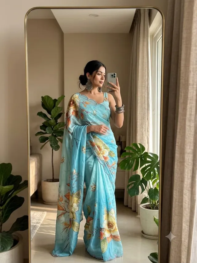 Premium Soft Chinon Silk Handwork Saree - View 2