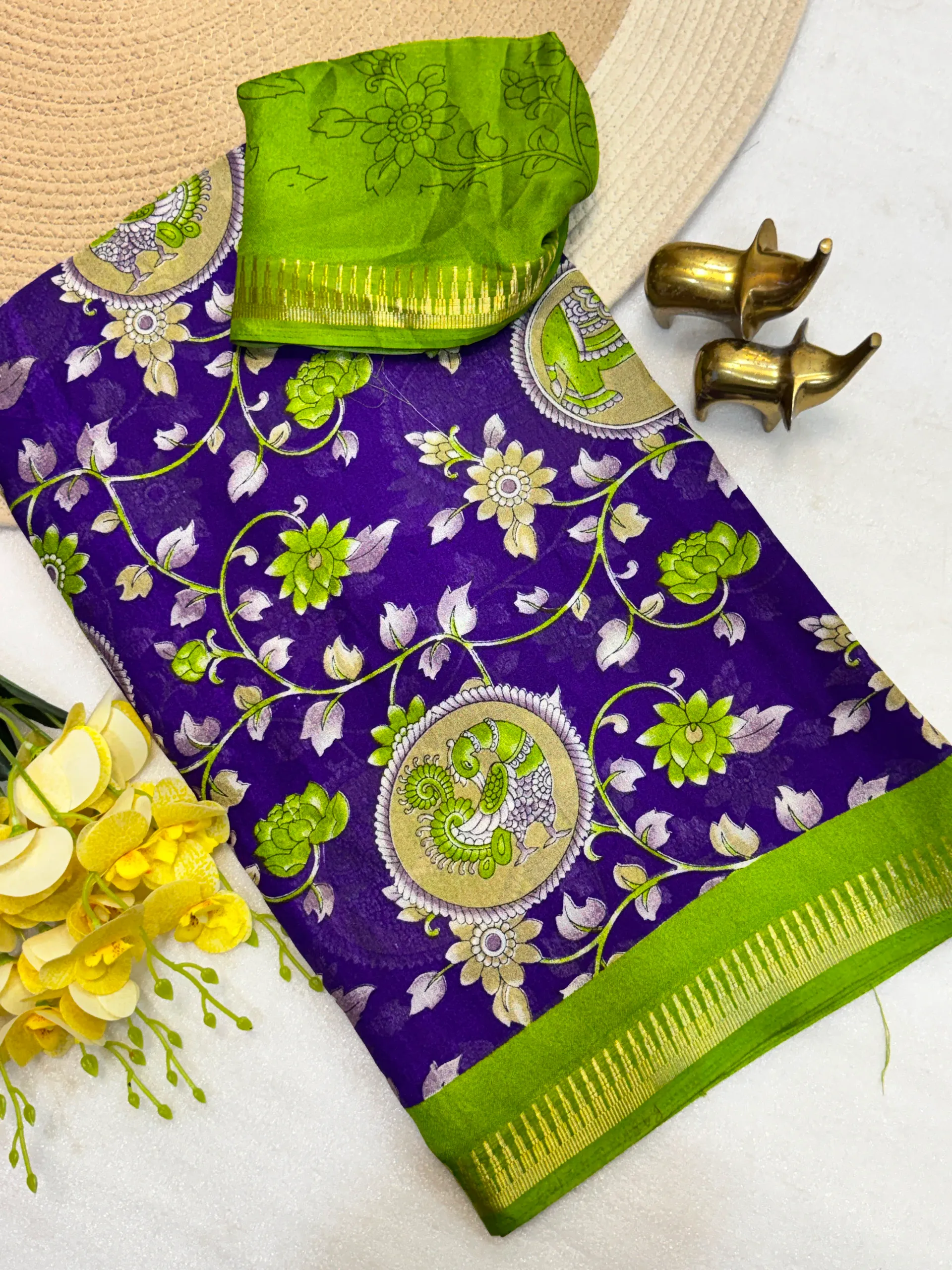 Heritage & Royal Collection – Pure Moss Kalamkari Print Saree - Premium Pure Moss Saree Online India - Buy at ₹999 - Image 1