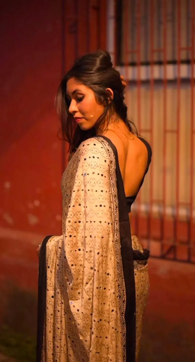 Premium Gajji Silk Ajrakh Print Saree with Heavy Mirror Work - View 2