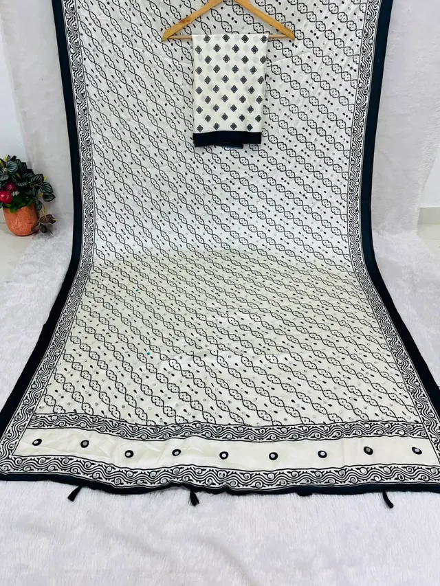 Premium Gajji Silk Ajrakh Print Saree with Heavy Mirror Work - View 5