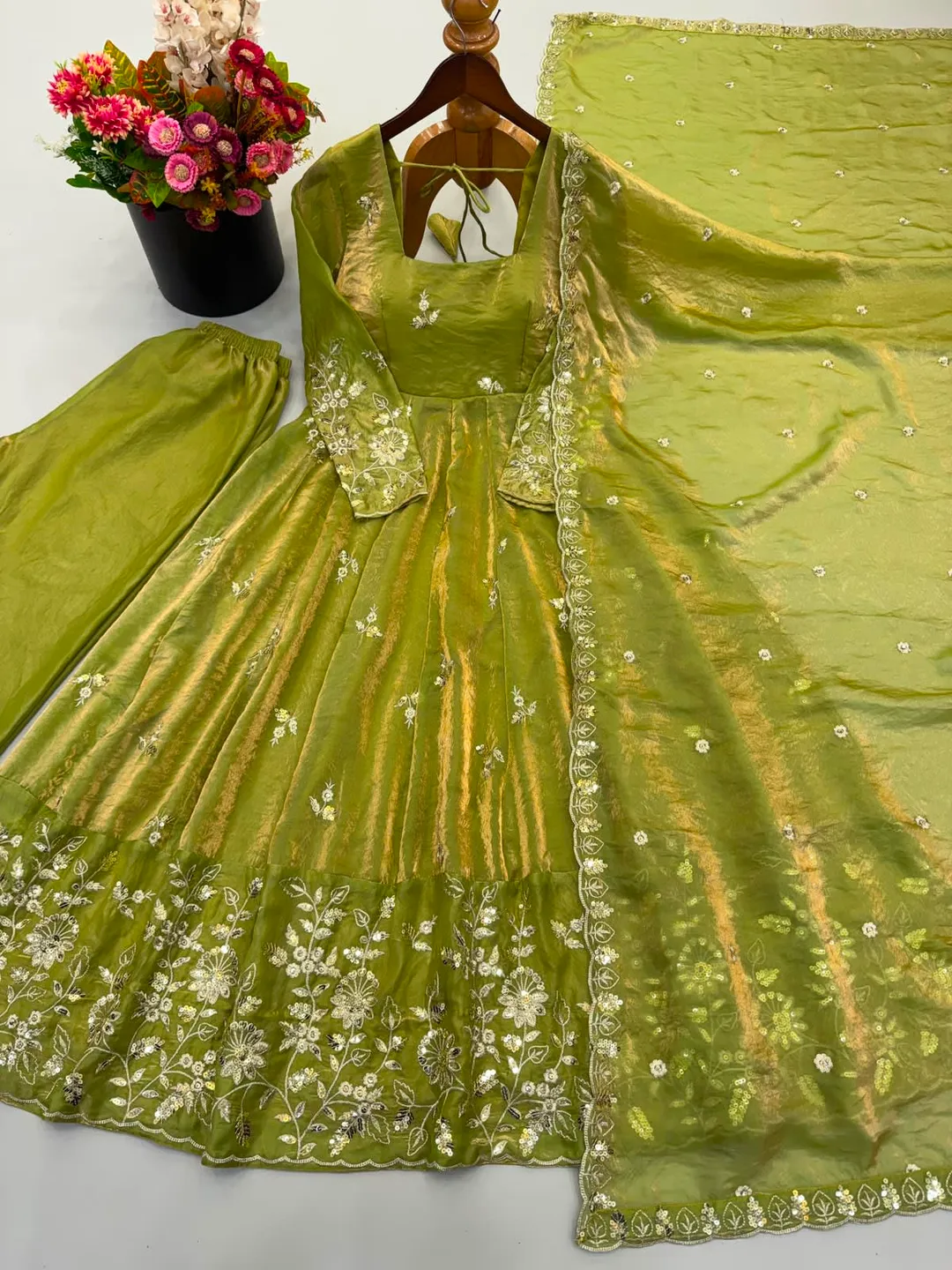 New Ready-to-Wear Fendy Silk Gown, Sharara & Dupatta Set