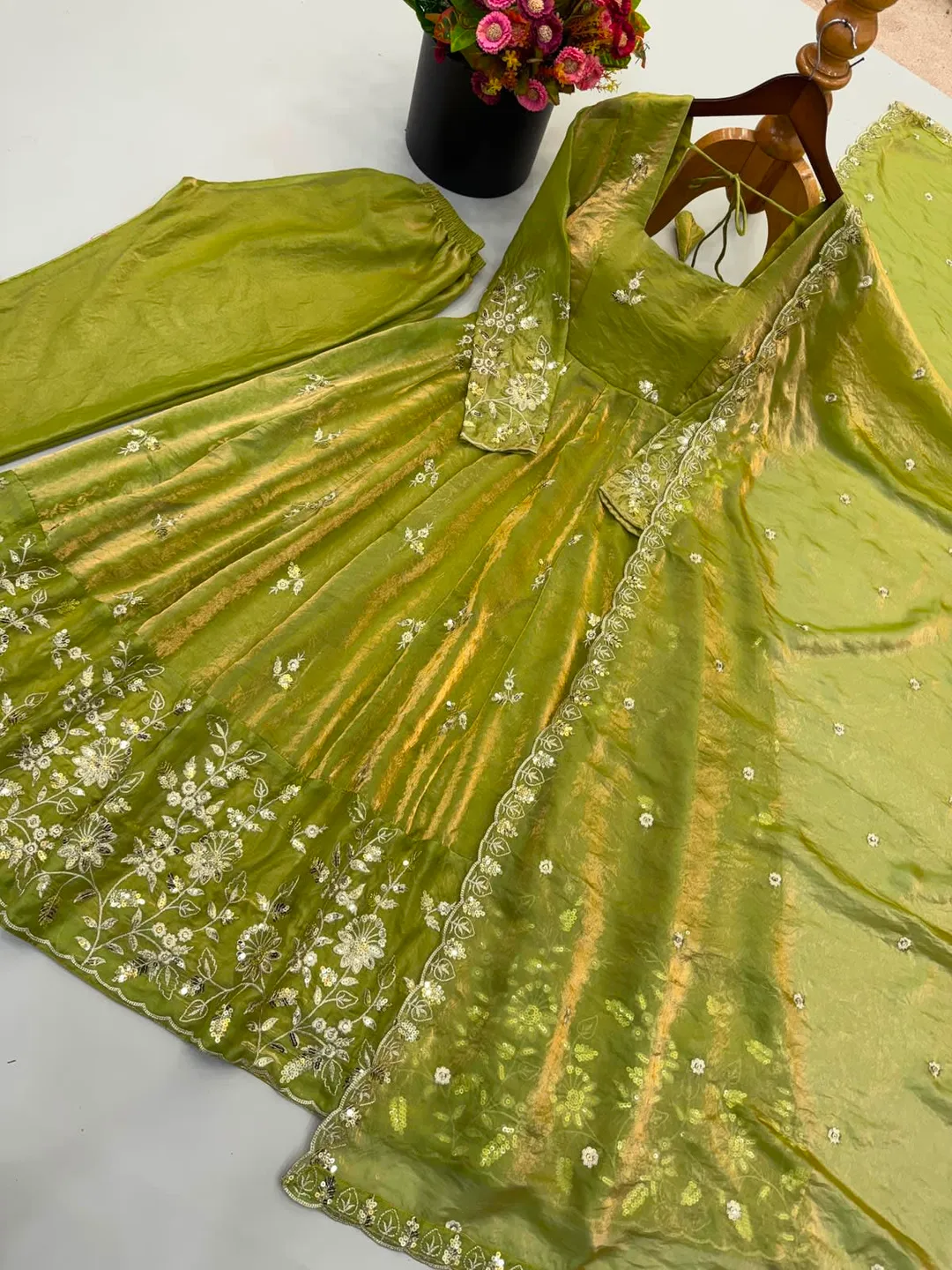 New Ready-to-Wear Fendy Silk Gown, Sharara & Dupatta Set - View 2