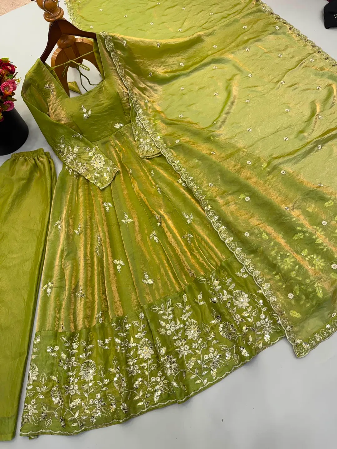 New Ready-to-Wear Fendy Silk Gown, Sharara & Dupatta Set - View 3