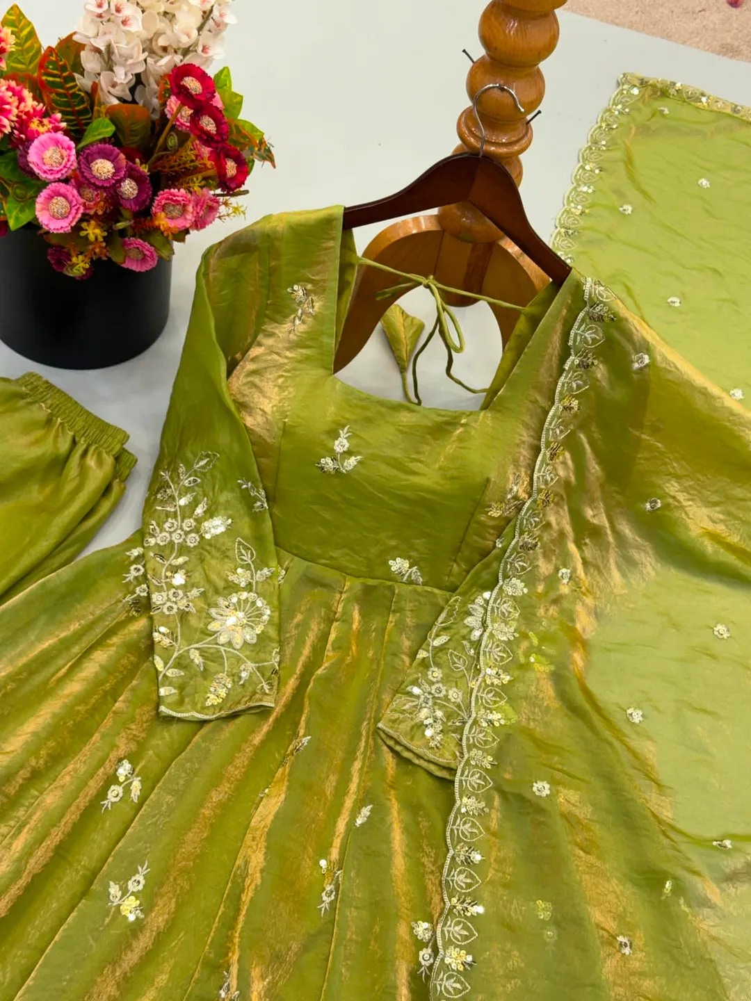 New Ready-to-Wear Fendy Silk Gown, Sharara & Dupatta Set - View 4