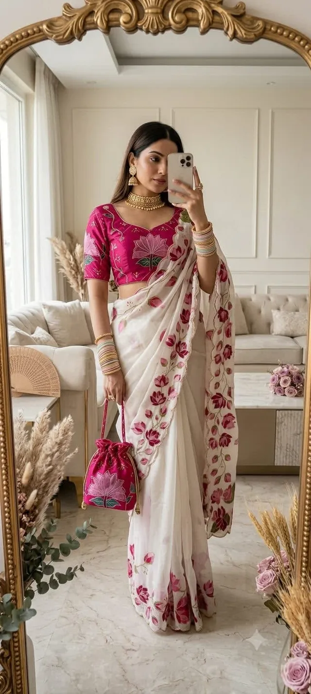 Premium Floral Pure Georgette Handwork Saree - View 2