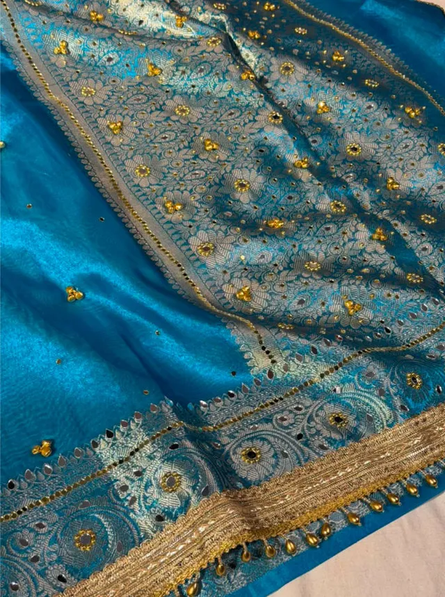 Stunning Firozi Blue Kora Tissue Silk Saree - Second View