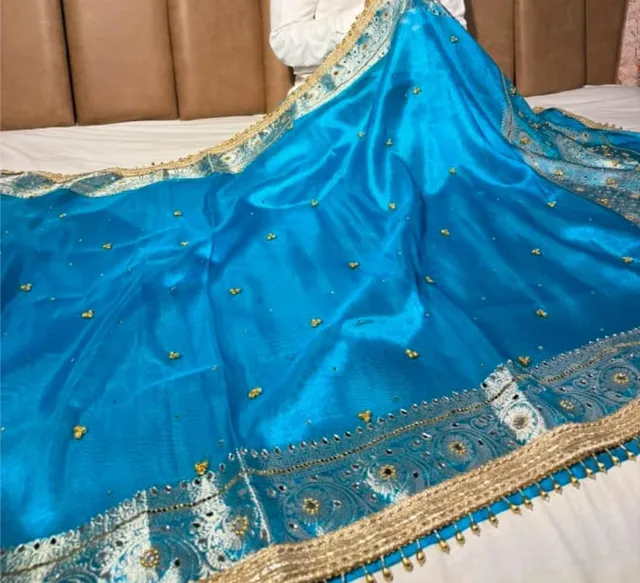 Stunning Firozi Blue Kora Tissue Silk Saree - View 3