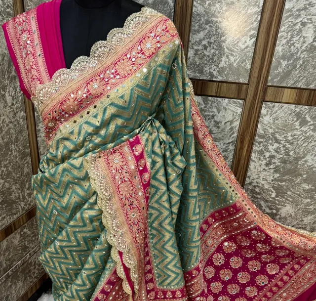BIGGEST FESTIVAL FRESH LAUNCH | BANARASI KATAAN GEORGETTE SILK SAREE WITH MIRROR & STONE WORK - Premium Banarasi Soft Kataan Georgette Silk Saree Online India - Buy at ₹3499 - Image 1