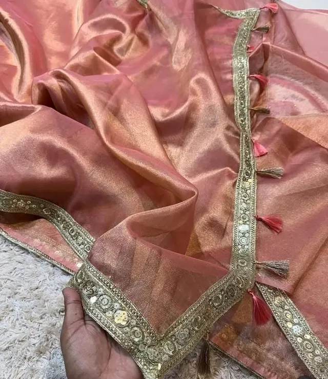 Banarasi Soft Plain Tissue Silk Saree with Heavy Lace Border - View 3