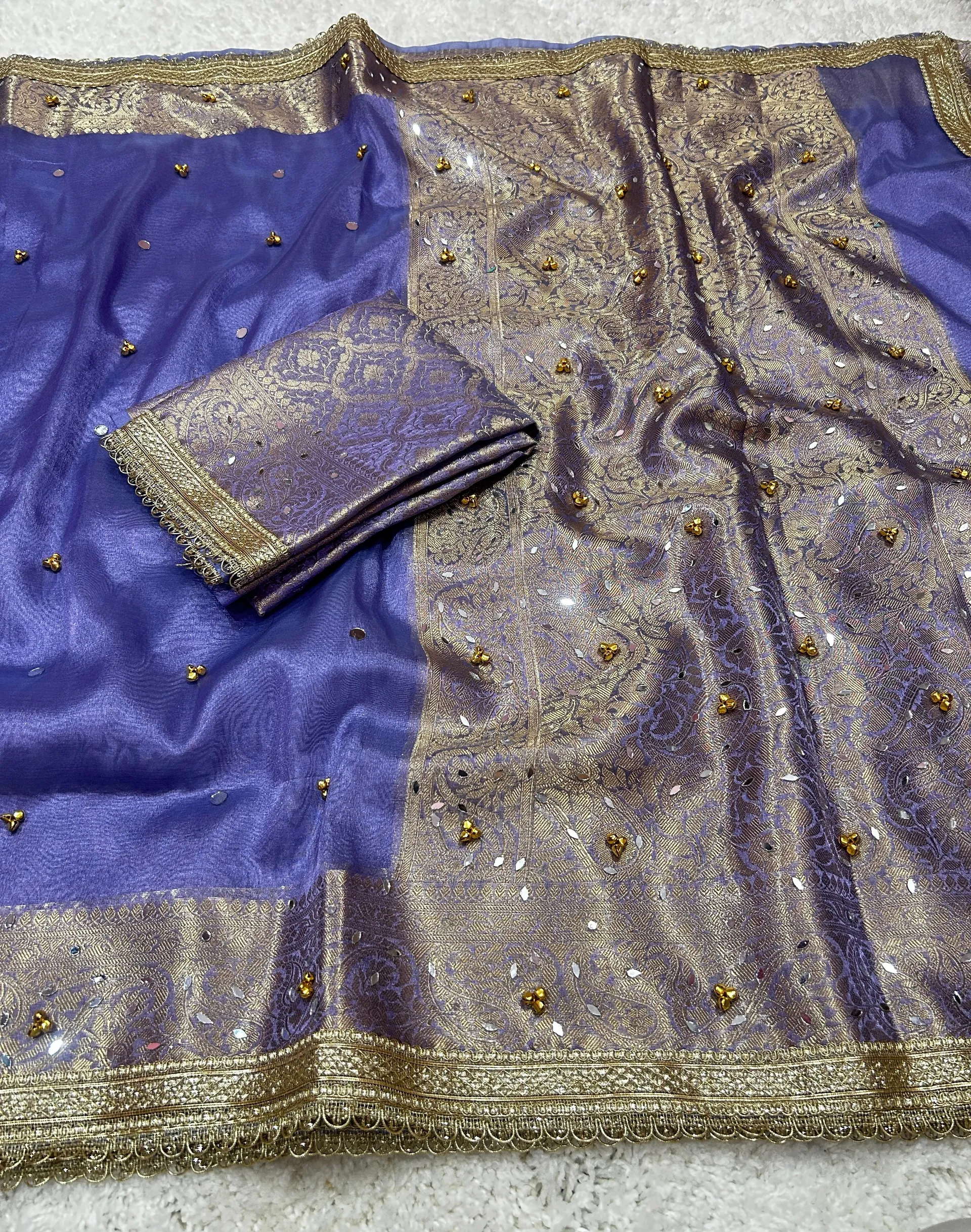 Banarasi Glass Tissue Silk Saree with Hand Ghungroo & Mirror Work - Banarasi Glass Tissue Silk Saree