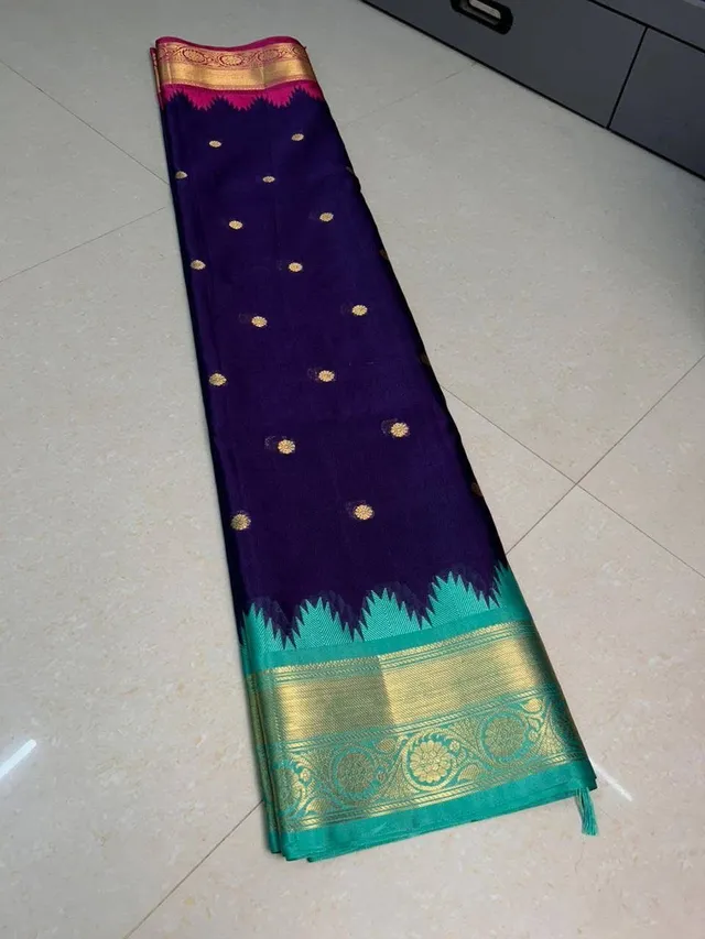 Royal Blue Banarasi Silk Saree with Golden Buti & Contrast Zari Border - View 5