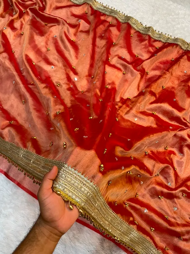 Banarasi Soft Tissue Silk Mirror & Ghungroo Work Saree - Banarasi Soft Plain Tissue Silk Saree Online India - Buy at ₹2299 - Image 1