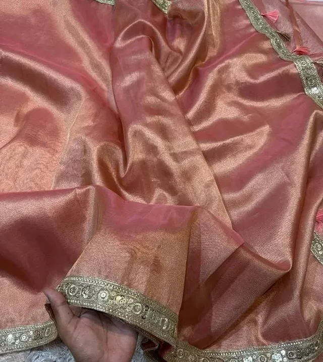 Banarasi Soft Plain Tissue Silk Saree with Heavy Lace Border - View 2