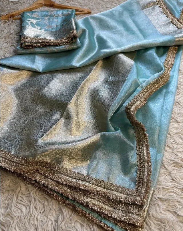 Sky Blue Banarasi Tissue Silk Saree with Lace Border & Rich Pallu - View 2