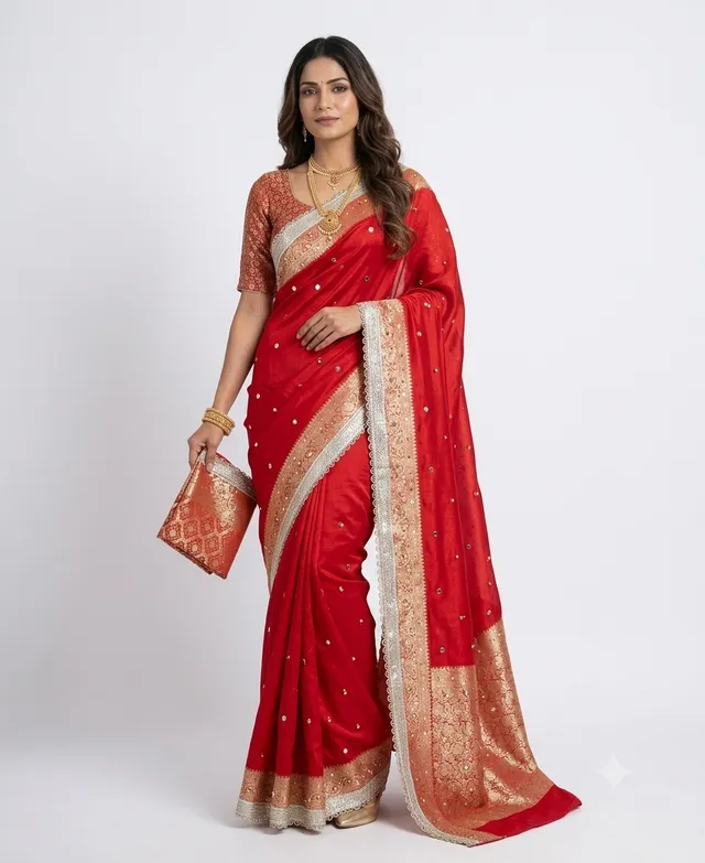 Banarasi Glass Tissue Silk Saree with Hand Ghungroo & Mirror Work - Second View