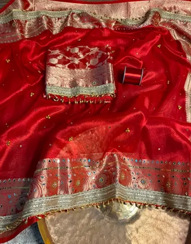Premium Banarasi Soft Tissue Silk Ghungroo & Mirror Work Saree - Premium Banarasi Soft Tissue Silk Saree Online India - Buy at ₹3599 - Image 1