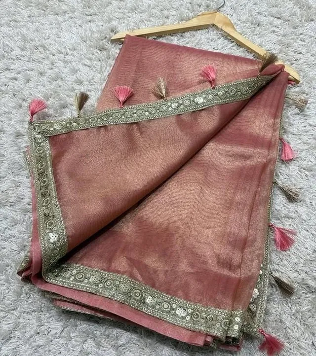 Banarasi Soft Plain Tissue Silk Saree with Heavy Lace Border - View 5