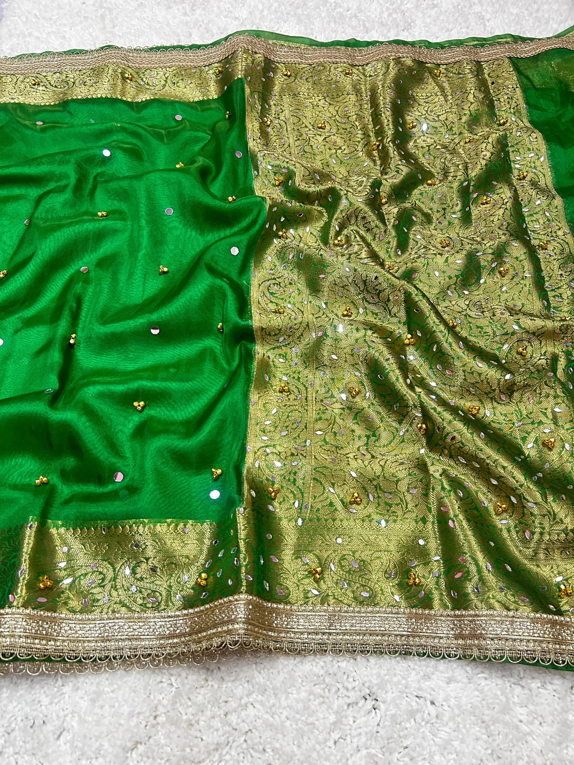 Banarasi Glass Tissue Silk Saree with Hand Ghungroo & Mirror Work - Banarasi Glass Tissue Silk Saree
