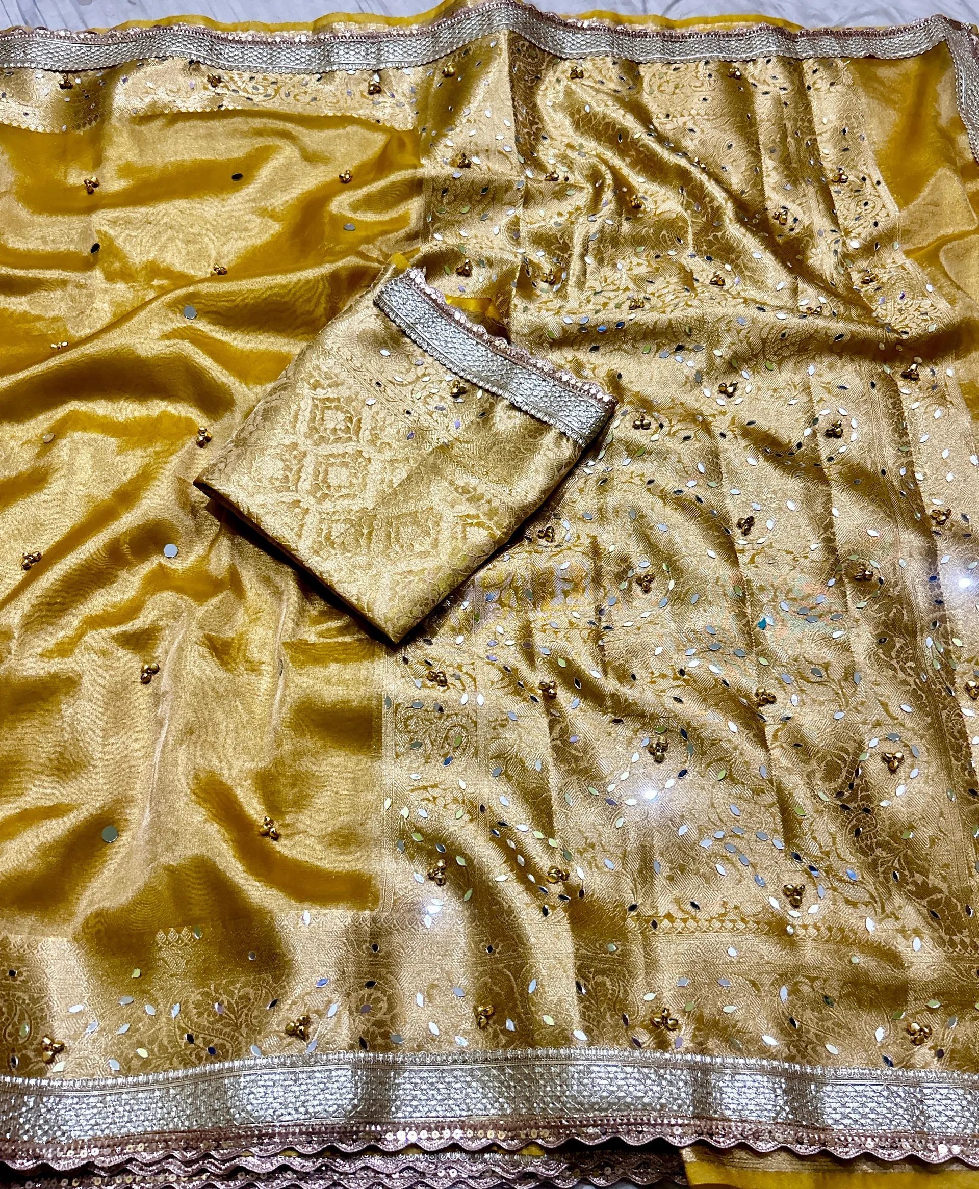 Banarasi Glass Tissue Silk Saree with Hand Ghungroo & Mirror Work - Banarasi Glass Tissue Silk Saree