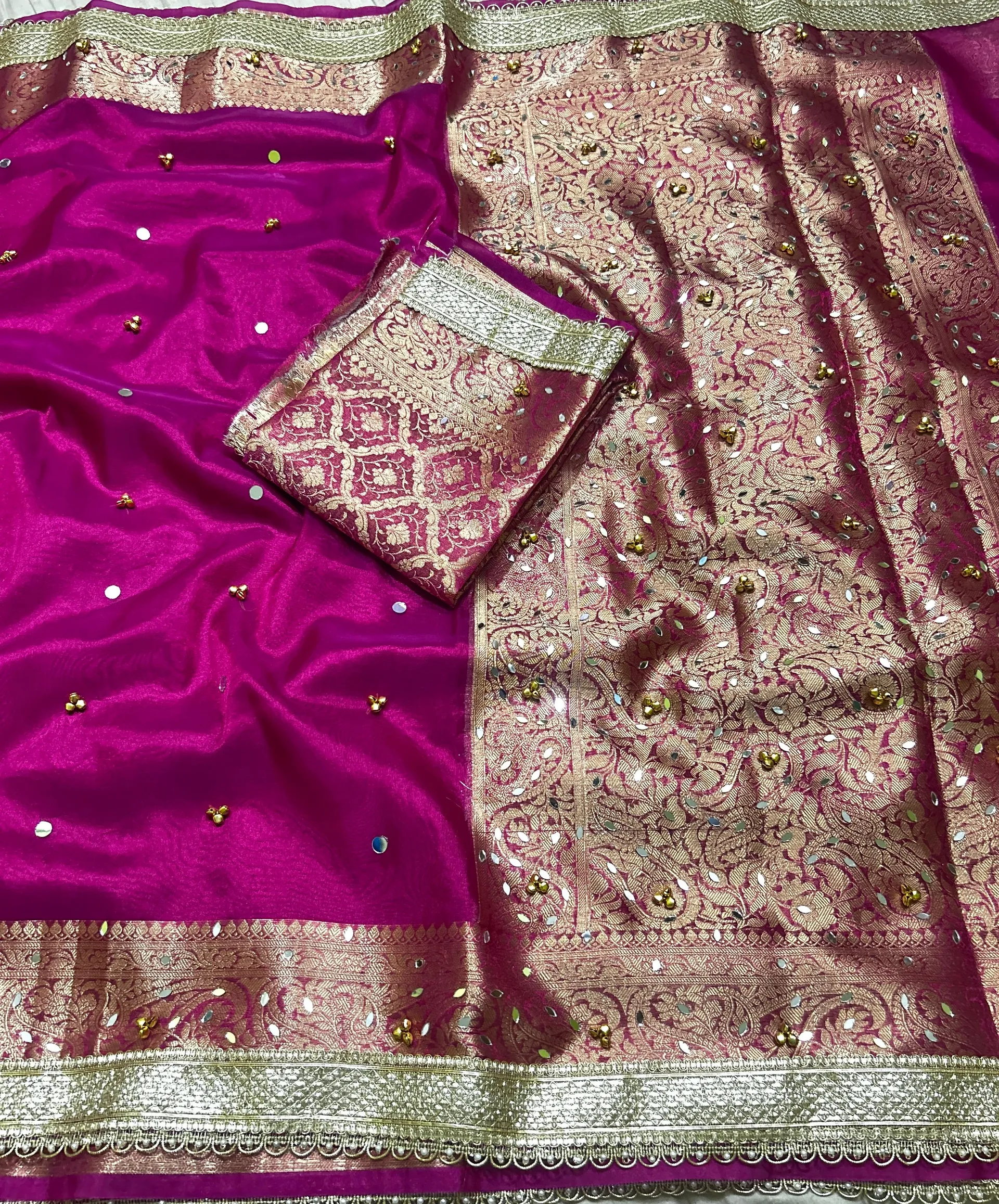 Banarasi Glass Tissue Silk Saree with Hand Ghungroo & Mirror Work - Banarasi Glass Tissue Silk Saree