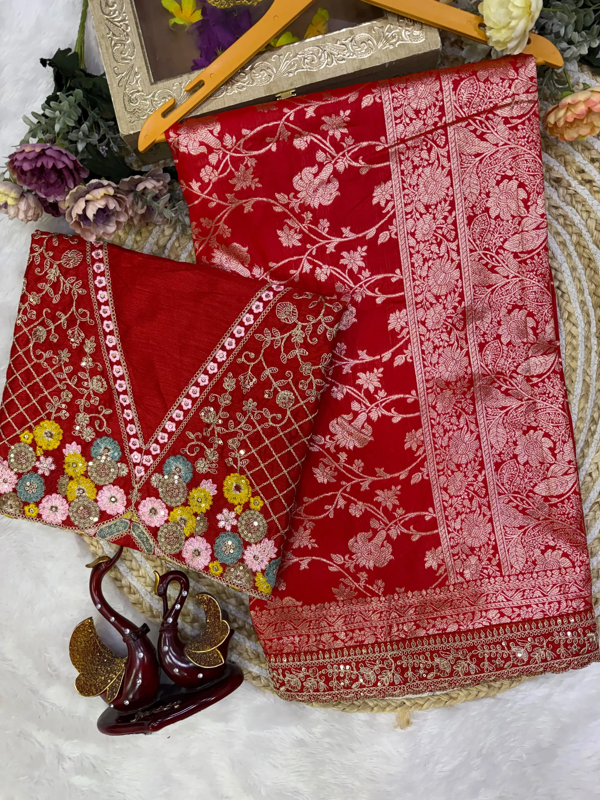 RED SOFT BANARASI JAQUARD SILK SAREE WITH SEQUINS & DORI WORK - View 2