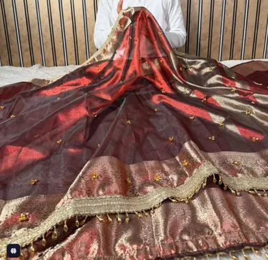 Carmine Maroon Tissue Silk Hand Ghungroo Work Saree - View 2