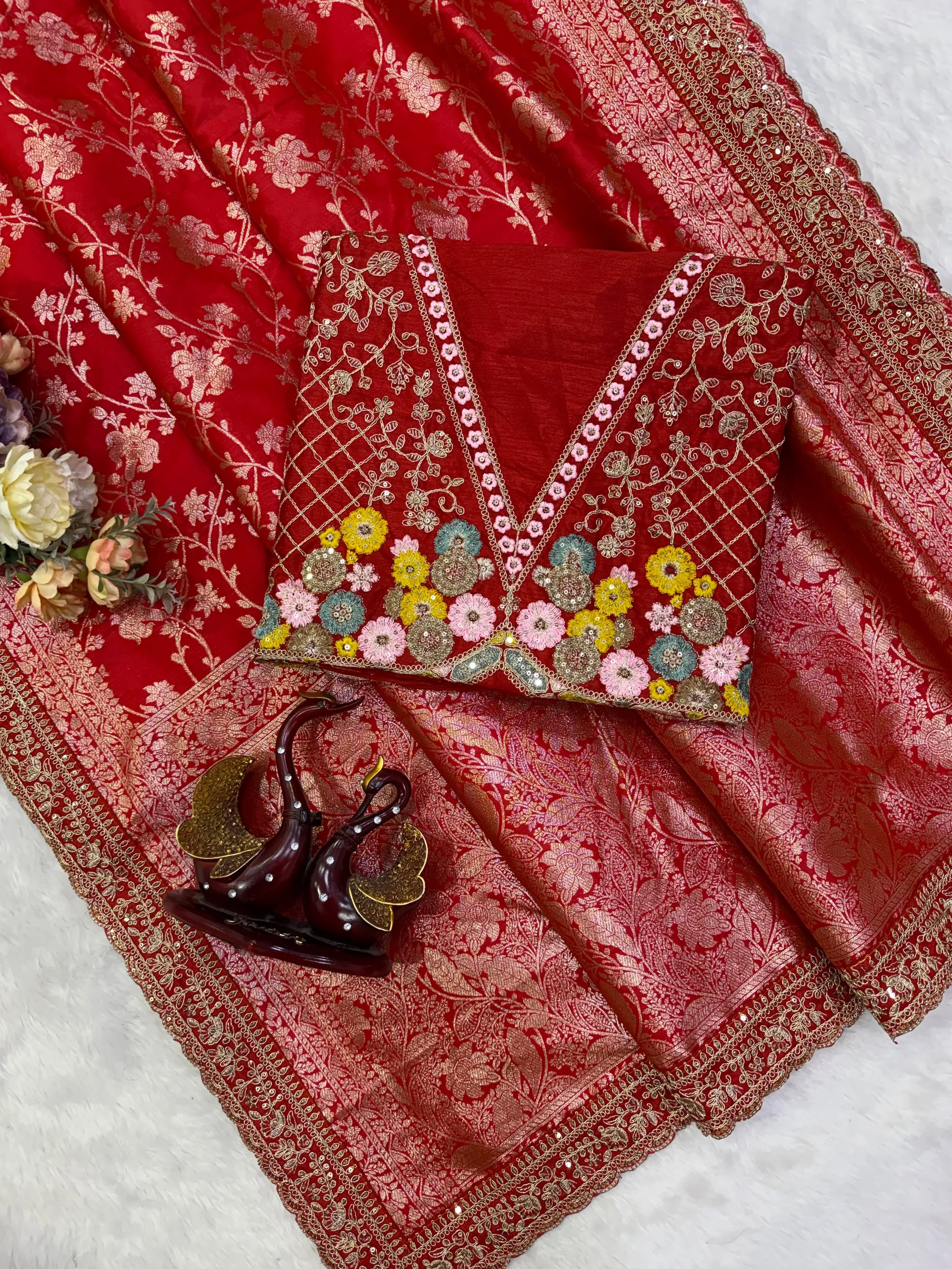 RED SOFT BANARASI JAQUARD SILK SAREE WITH SEQUINS & DORI WORK - Premium Soft Banarasi Jacquard Silk Saree Online India - Buy at ₹2150 - Image 1