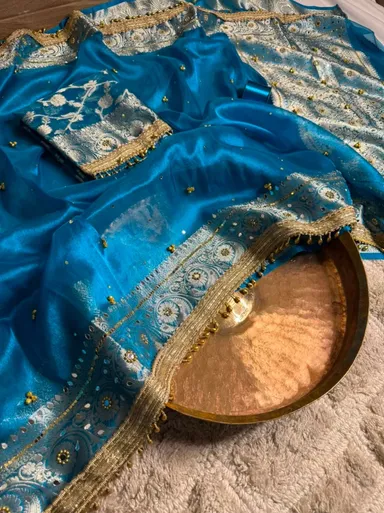 Stunning Firozi Blue Tissue Silk Ghungroo and Mirror work Saree - View 5