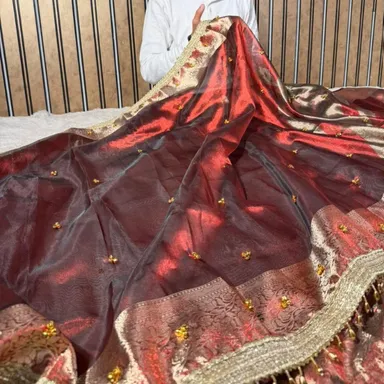 Carmine Maroon Tissue Silk Hand Ghungroo Work Saree - Premium Banarasi Soft Tissue Silk Saree Online India - Buy at ₹2699 - Image 1