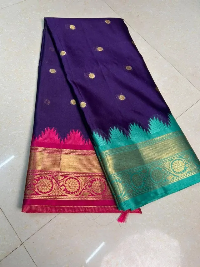 Royal Blue Banarasi Silk Saree with Golden Buti & Contrast Zari Border - View 2